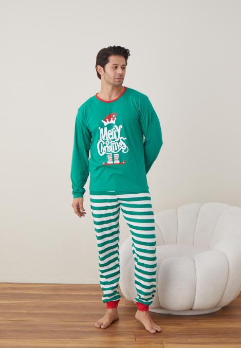 Pijama barbati Craciun "Merry Chistmas" , maneca lunga ,pantaloni lungi,Culoare Verde ,Engros